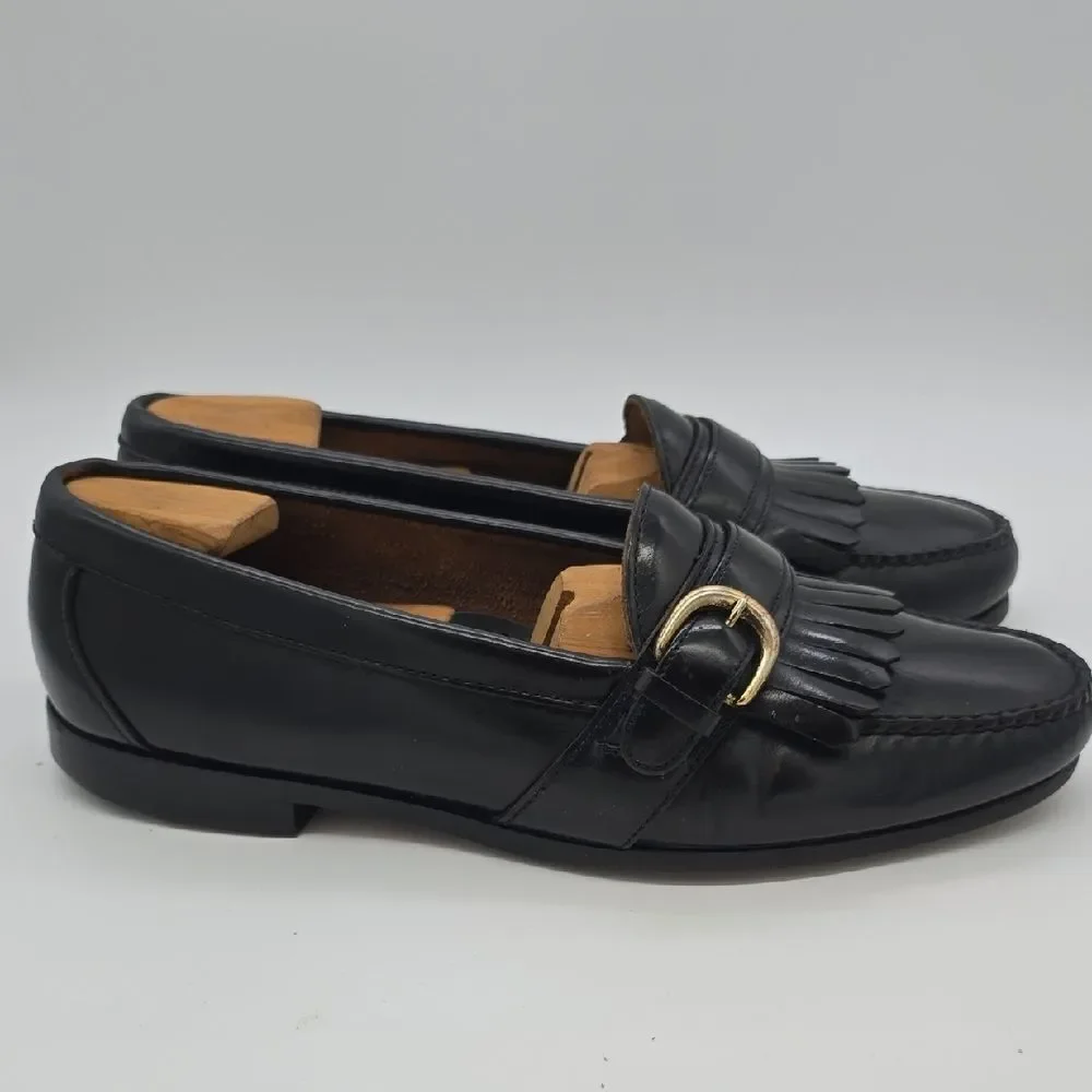 Cole Haan Black Leather Kiltie Loafers with Gold Buckle